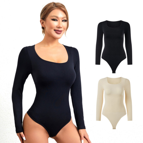 Amazon's cross-border hot selling new seamless threaded long sleeved jumpsuit for women with beautiful body, tight fitting, and high elasticity base coat