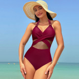 Wholesale of new European and American Amazon cross-border jumpsuit women's solid color mesh bikini swimwear bikini