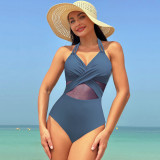 Wholesale of new European and American Amazon cross-border jumpsuit women's solid color mesh bikini swimwear bikini