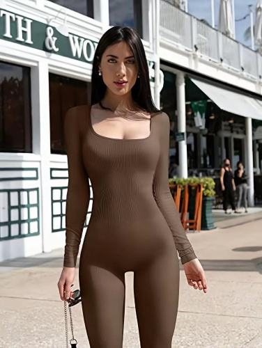 Cross border Amazon autumn and winter hot selling European and American seamless long sleeved square neck yoga suit women's long pants jumpsuit