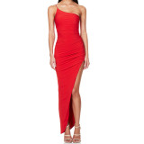 Cross border women's autumn new product, strapless, backless, sexy, high slit, single shoulder strap, European and American dress for women
