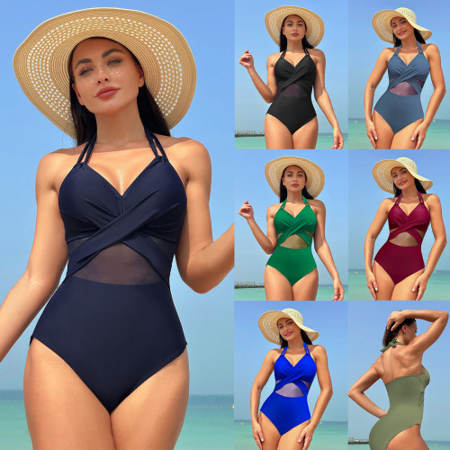 Wholesale of new European and American Amazon cross-border jumpsuit women's solid color mesh bikini swimwear bikini