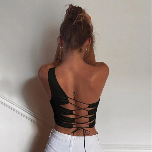 European and American lace up hollowed out bottom sloping shoulder vest for women's underwear, cross-border knitted women's suspender