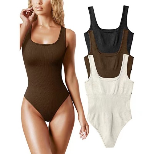 Amazon's best-selling cross-border hot selling seamless threaded vest in Europe and America, waist tightening, hip lifting, shaping, round neck jumpsuit, belly tightening