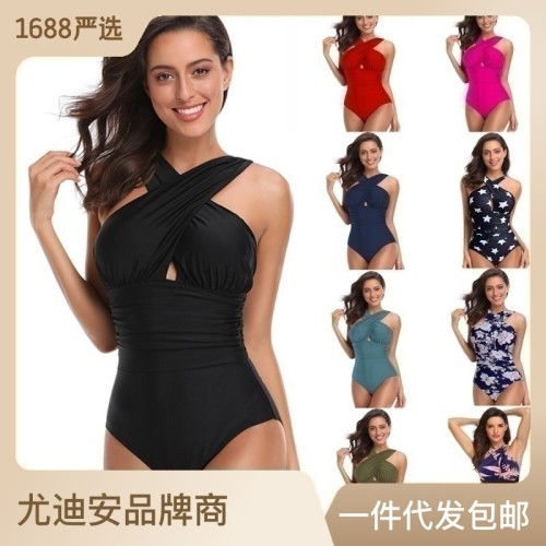 Amazon's new European and American one-piece swimsuit, women's cross gathering and belly tightening swimsuit купальник