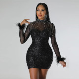 CY900129 European and American perspective round neck hot diamond patchwork sequin long sleeved buttocks wrapped dress party nightclub style