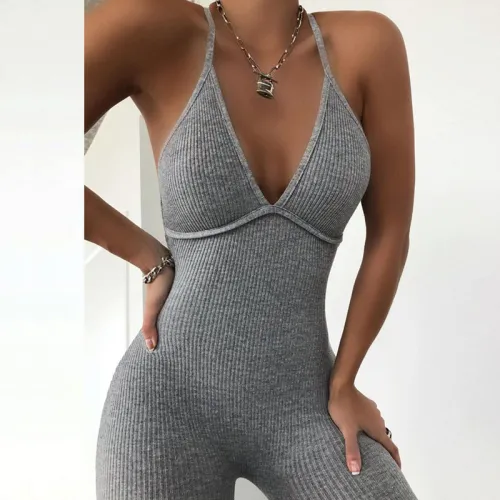 Wholesale of women's jumpsuits in cross-border foreign trade factories in Europe and America, sexy suspenders, slim fit sports V-neck, fashionable jumpsuits