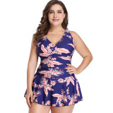 Large size swimsuits, women's new European and American belly covering conservative printed skirt style split body swimwear, flat angle swimwear, wholesale by manufacturers