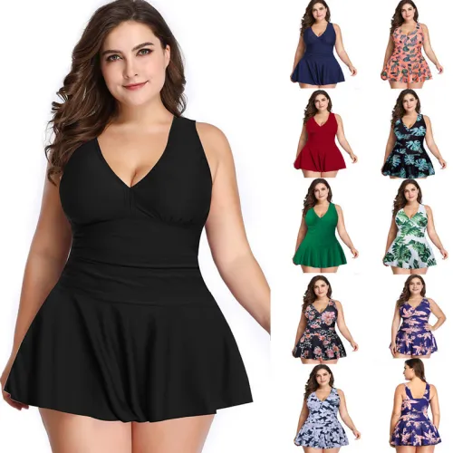 Large size swimsuits, women's new European and American belly covering conservative printed skirt style split body swimwear, flat angle swimwear, wholesale by manufacturers