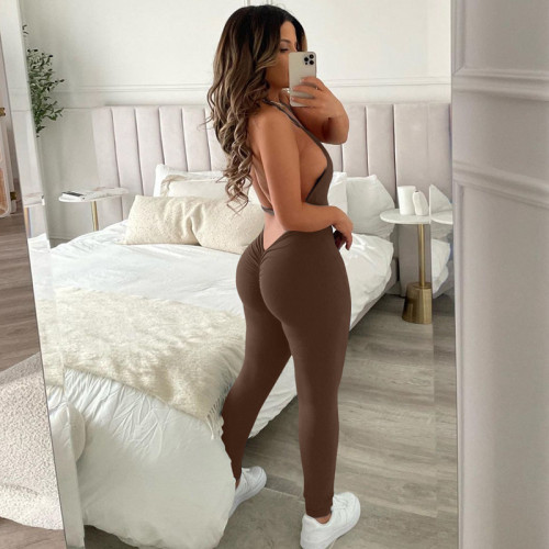 Spring and Summer Instagram New European and American Cross border Women's Sexy Folded Sports Tight Hanging Neck V-neck jumpsuit for Women