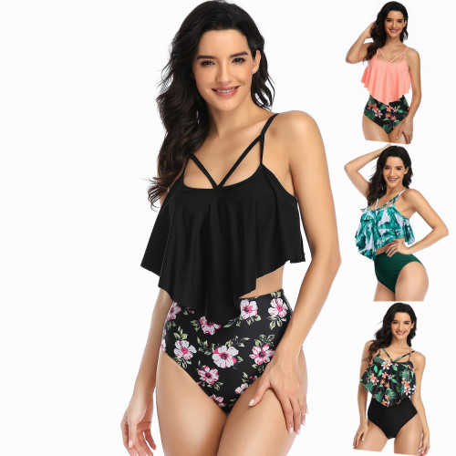 New swimsuit for women in Europe, America, Amazon, hot selling, with ruffled edges covering the belly and slimming effect. High waisted split swimsuit bikini