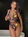 Wholesale bikini for one-piece swimsuits with flame pattern hollowed out deep V tight fitting for foreign trade