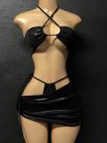 Three piece set of popular European and American swimsuits, bikini black glossy lace up swimsuit, pleated buttocks, short skirt bikini