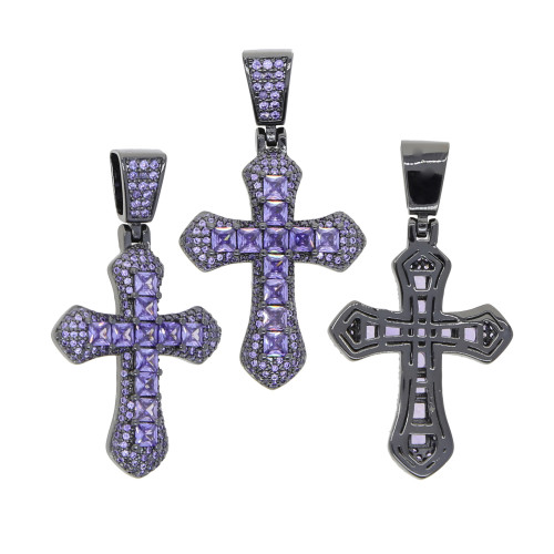 Cross border hip-hop new black gold purple cross zircon pendant Hiphop fashion trend men's necklace wholesale