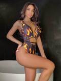 Wholesale bikini for one-piece swimsuits with flame pattern hollowed out deep V tight fitting for foreign trade