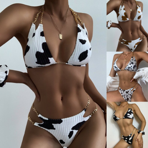 Cross border new bikini chain sexy backless split swimsuit, European and American foreign trade cow print bikini in stock