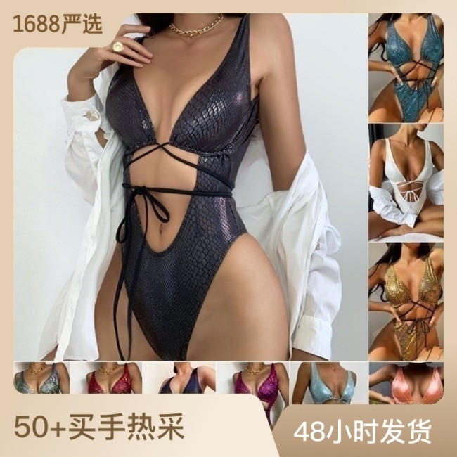 Hot selling European and American jumpsuit women's sexy sleeveless European and American lace up swimwear, foreign trade bikini spot wholesale