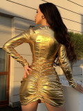 Amazon Spring/Summer Dress Solid Color Hollow Slim Fit Pleated Long Sleeve Waist Wrapped Dress Wholesale for Women