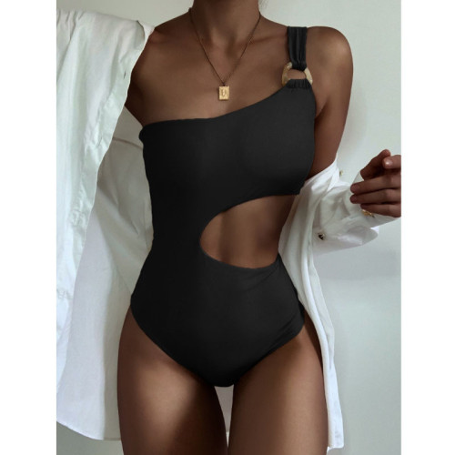 Summer new swimsuit European and American solid color jumpsuit women's sexy waist revealing single shoulder strap Instagram style swimsuit in stock