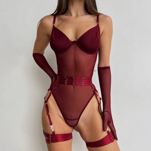 DIER Wearing Mesh Bodysuit Waist Belt, Hanging Socks Buckle Open, Concealed Buckle with Gloves, Underwear Set, Bodysuit