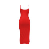 Newly popular European and American women's sexy backless wrinkled slit slim fit solid color suspender dress