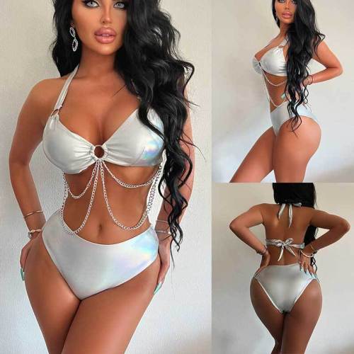 Hot selling swimsuits from Europe and America, made of hot stamping fabric, metal chain, laser silver, performance suit, backless split swimsuit, bikini