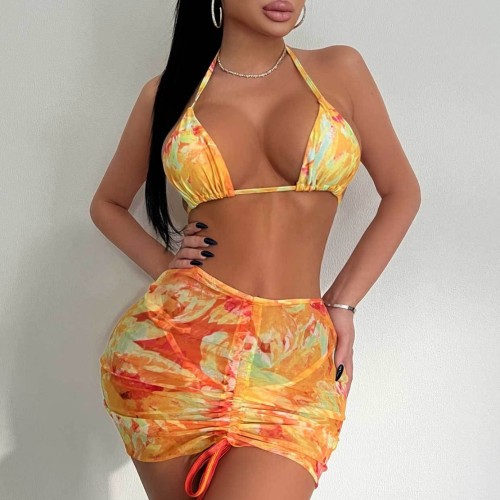 European and American foreign trade swimsuit three piece set, printed sexy lace up bikini wrap buttocks short skirt bikini swimsuit