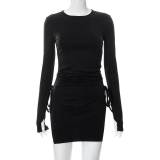 European and American Foreign Trade Dress Solid Color Round Neck Pullover Long Sleeve Lace up Split Fit Short Dress Spicy Girl Dress