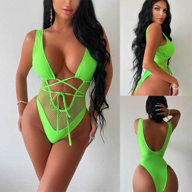 Hot selling European and American swimsuits, green grid patchwork lace up jumpsuit, sexy tight fitting swimsuit bikini wholesale