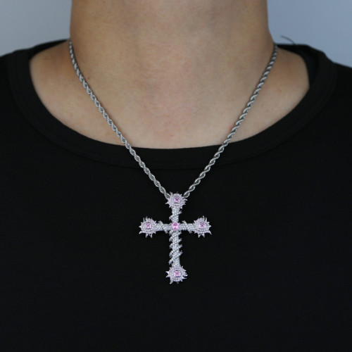 AliExpress Foreign Trade New Pink Heart shaped Cross Zircon Pendant Wholesale of Hip Hop Couple Jewelry in Europe and America