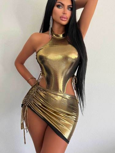 Cross border hot selling women's clothing summer glossy face set sexy OL light cooked spicy girl jumpsuit with high waisted drawstring wrapped hip skirt