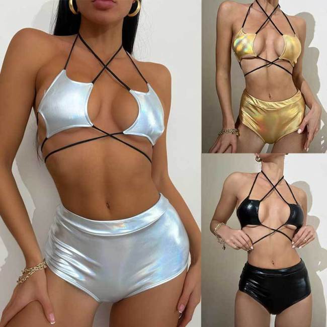 European and American Foreign Trade New Bikini Split Swimsuit Star Shining Silver Hanging Neck Strap