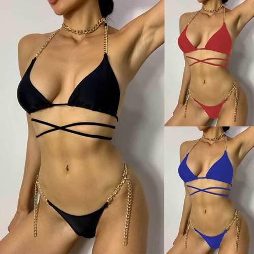 New swimsuits exported from Europe and America, black chain tied bikini sexy backless split swimsuits in stock