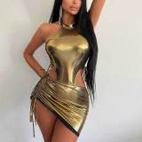 Cross border hot selling women's clothing summer glossy face set sexy OL light cooked spicy girl jumpsuit with high waisted drawstring wrapped hip skirt