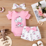 INS Foreign Trade Girls' New Set Elephant Printed Round Neck Short Sleeve Sweetheart Printed Shorts with Headband Three Piece Set