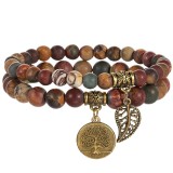 Amazon Hot Selling 6m8m Life Tree Leaf Pendant Set Bracelet with Colorful Tiger Eye Purple Crystal Bracelet Set