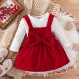 Infant and toddler girls' dress with a pit stripe round neck triangular top, bow decoration, red strap dress, real two-piece set