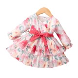 Sweet long sleeved dress with European and American flower print V-neck belt and waist cinching long sleeved baby princess dress