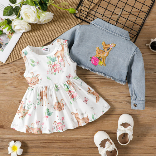 Cross border Instagram European and American Spring and Autumn New Baby Dress Set with Deer Print Sleeveless Dress+Deer Embroidered Coat