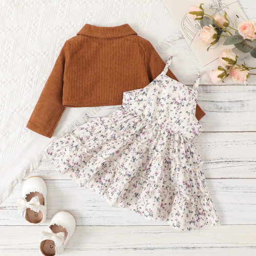 Instagram Cross border Spring and Autumn New Infant and Child Skirt Set with Small Fragmented Flower Print Hanging Strap Dress+Solid Color Long sleeved Coat