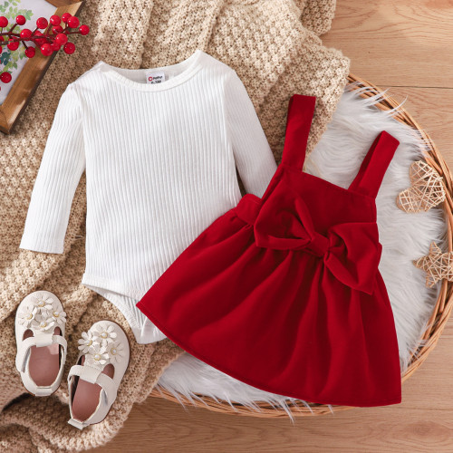 Infant and toddler girls' dress with a pit stripe round neck triangular top, bow decoration, red strap dress, real two-piece set