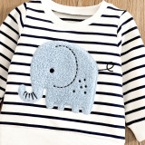 Summer New Children's Baby Set Cartoon Elephant Embroidered Stripe Long sleeved Round Neck+Blue Jeans Set