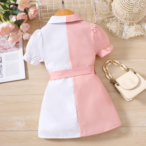 Cross border foreign trade children's clothing Instagram girl's dress fashion color blocking polo collar short sleeved tie fashion dress