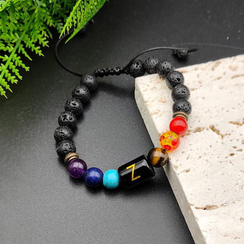 Cross border Hot selling A-Z 26 English Initial Bracelet Volcano Stone Essential Oil Colorful Tiger Eye Stone Bracelet for Men and Women