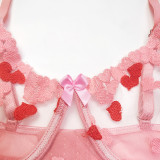 Pure Desire Style Cute and Sexy Pink garter Belt Style Fun Underwear Lace Hollow Underwear Three piece Set for Foreign Trade