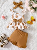 Instagram Amazon Cross border Summer New Baby Set Flower Printed Sleeveless Top+Solid Color Shorts+Headband