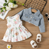Cross border Instagram European and American Spring and Autumn New Baby Dress Set with Deer Print Sleeveless Dress+Deer Embroidered Coat