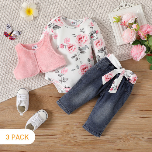 Instagram cross-border exclusive girl's set printed triangle long sleeved sweater+denim lace up pants+vest three piece set