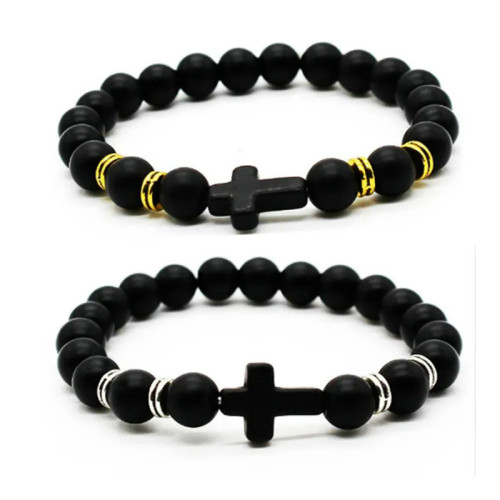 Wish Hot selling Cross Bracelet 8MM Men's Frosted Volcano Stone Beaded Hand Jewelry Wholesale Manufacturer Direct Sales