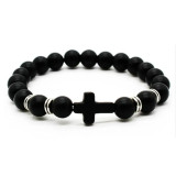 Wish Hot selling Cross Bracelet 8MM Men's Frosted Volcano Stone Beaded Hand Jewelry Wholesale Manufacturer Direct Sales
